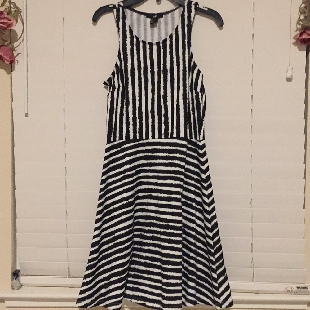 Black and white striped dress.